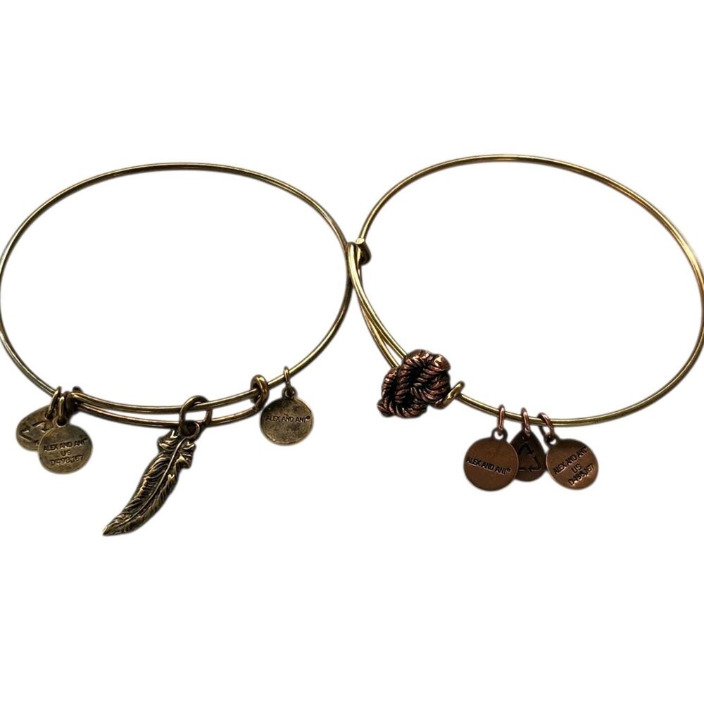 SET OF 2 ALEX and ANI GOLD SAILORS KNOT & FEATHER SLIDE BANGLE BRACELET JEWELRY